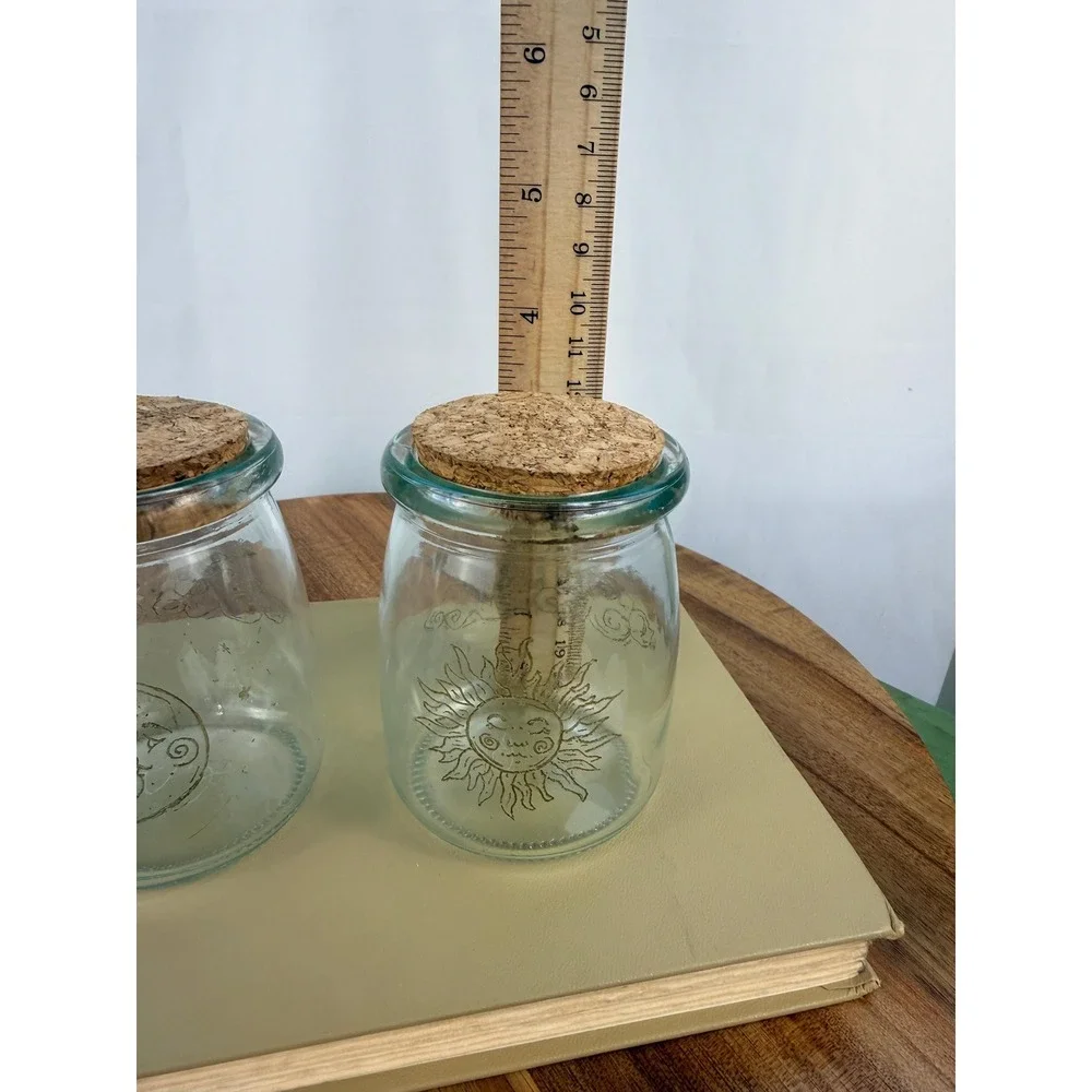 Set of 2 Hand Etched Celestial Glass Jars Cork Lids Sun Moon Apothecary Bottles